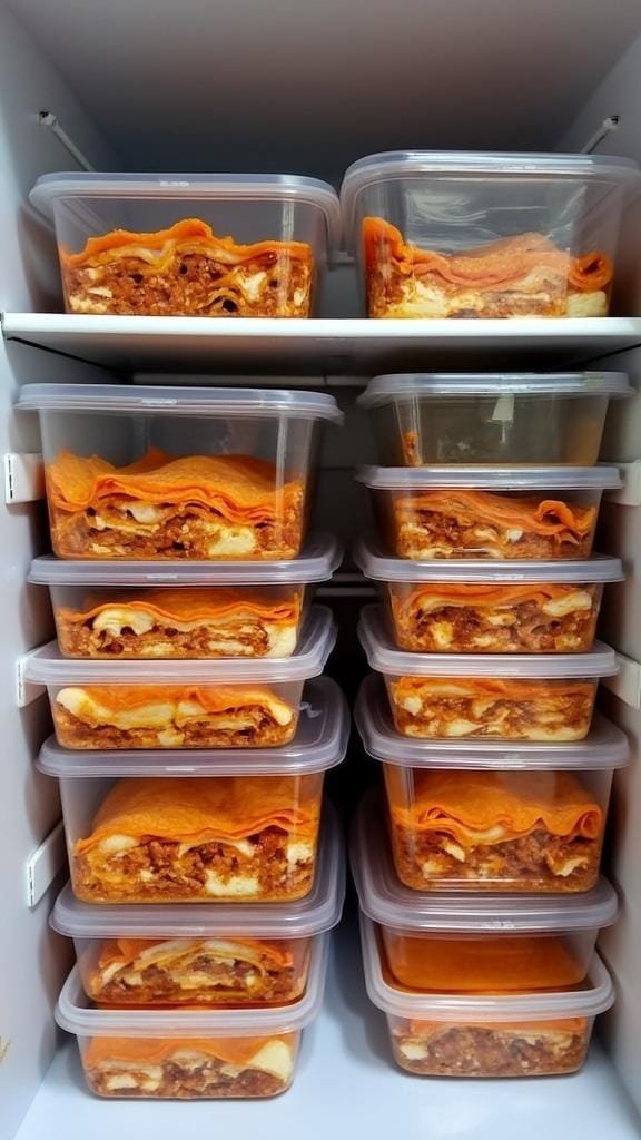 Gluten-Free, Dairy-Free Lasagna: A Comforting Classic Reimagined 6 Homemade lasagna portions in airtight containers prepared for meal prep storage.
