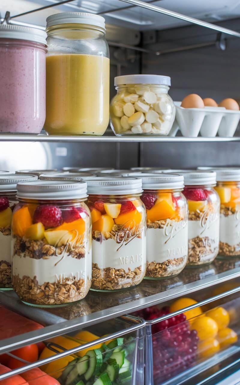 Jars of layered parfaits with yogurt, fruit, and granola arranged neatly on a fridge shelf