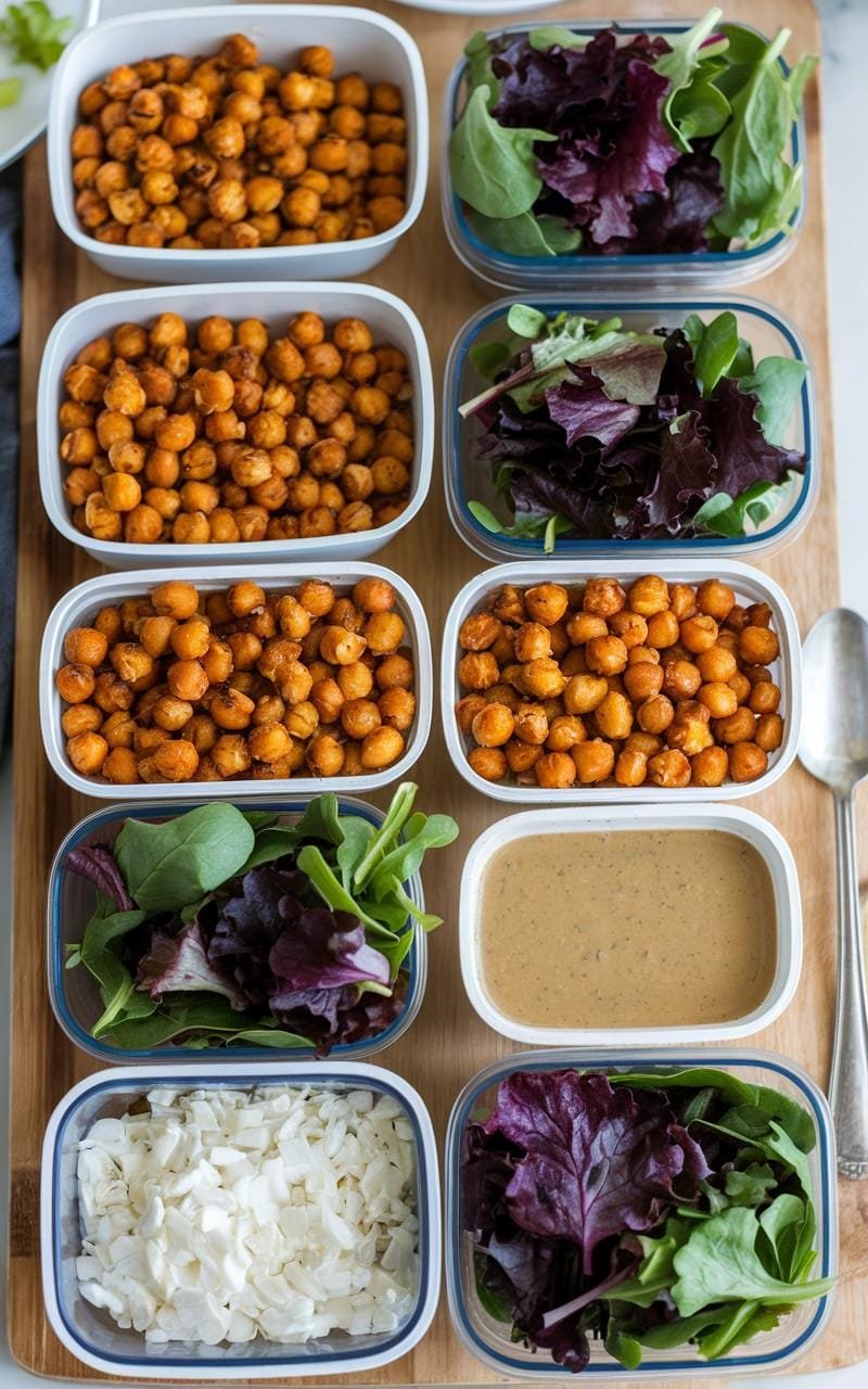 A meal prep setup with several containers holding portioned salad ingredients, including roasted chickpeas, mixed greens, and a small container of dressing.