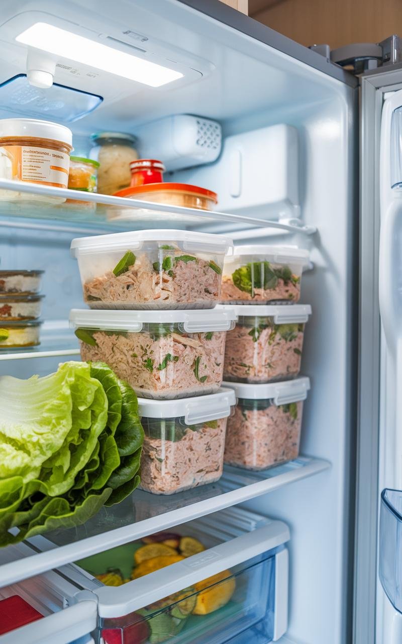 Tuna salad meal prep with lettuce containers in a refrigerator.