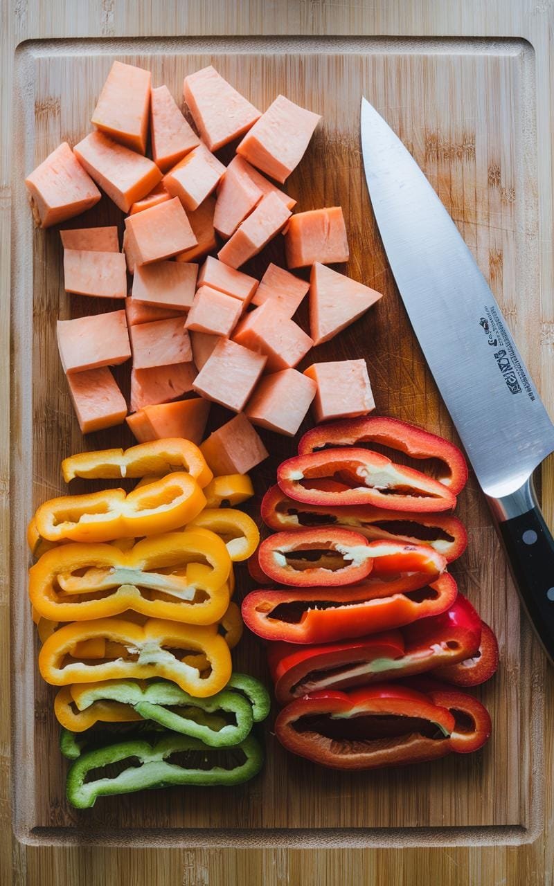 Chopped vegetables including bell peppers, carrots, and broccoli arranged on a wooden cutting board for meal prep.