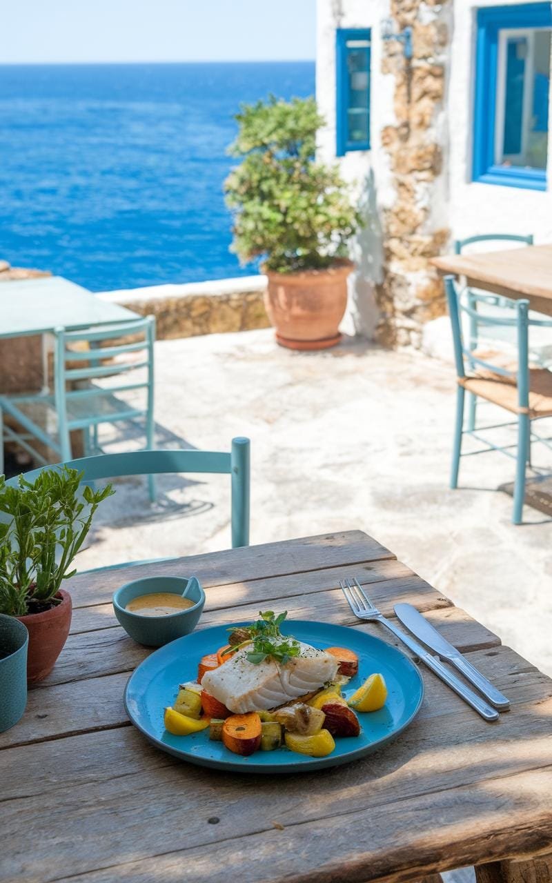 Mediterranean patio with a plate of cod fish and roasted vegetables on a rustic table.