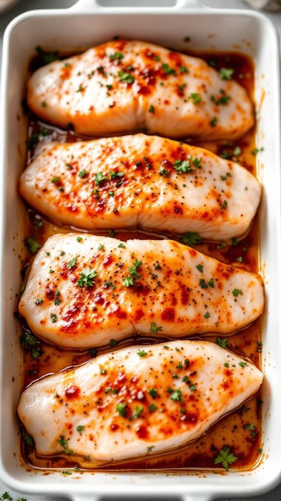 Four fresh swordfish steaks in white dish with glossy mediterranean marinade and herbs