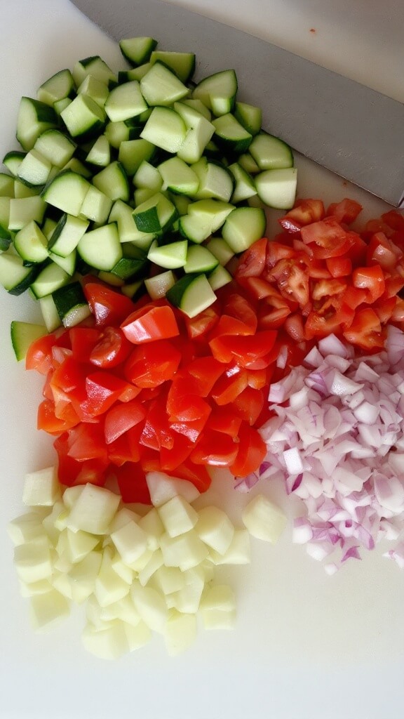 Mediterranean Chickpea Salad (Vegan &Amp; Gluten-Free) 5 Professional chef's precise vegetable prep with diced cucumbers, halved grape tomatoes, chopped red bell peppers, and finely diced red onions on a white cutting board with a chef's knife
