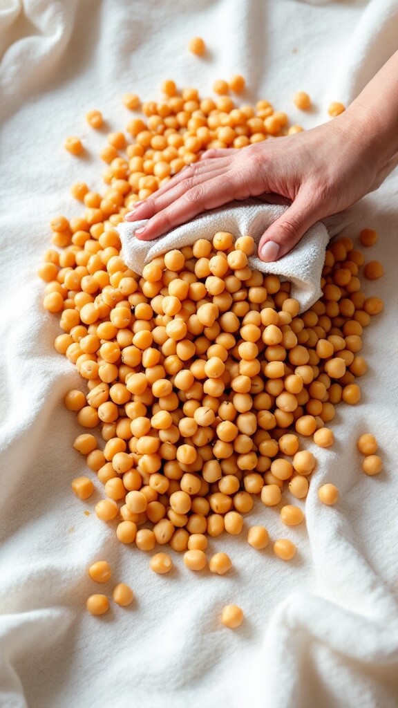 Mediterranean Chickpea Salad (Vegan &Amp; Gluten-Free) 6 Rinsed chickpeas being dried on a white kitchen towel with rolling movement action.