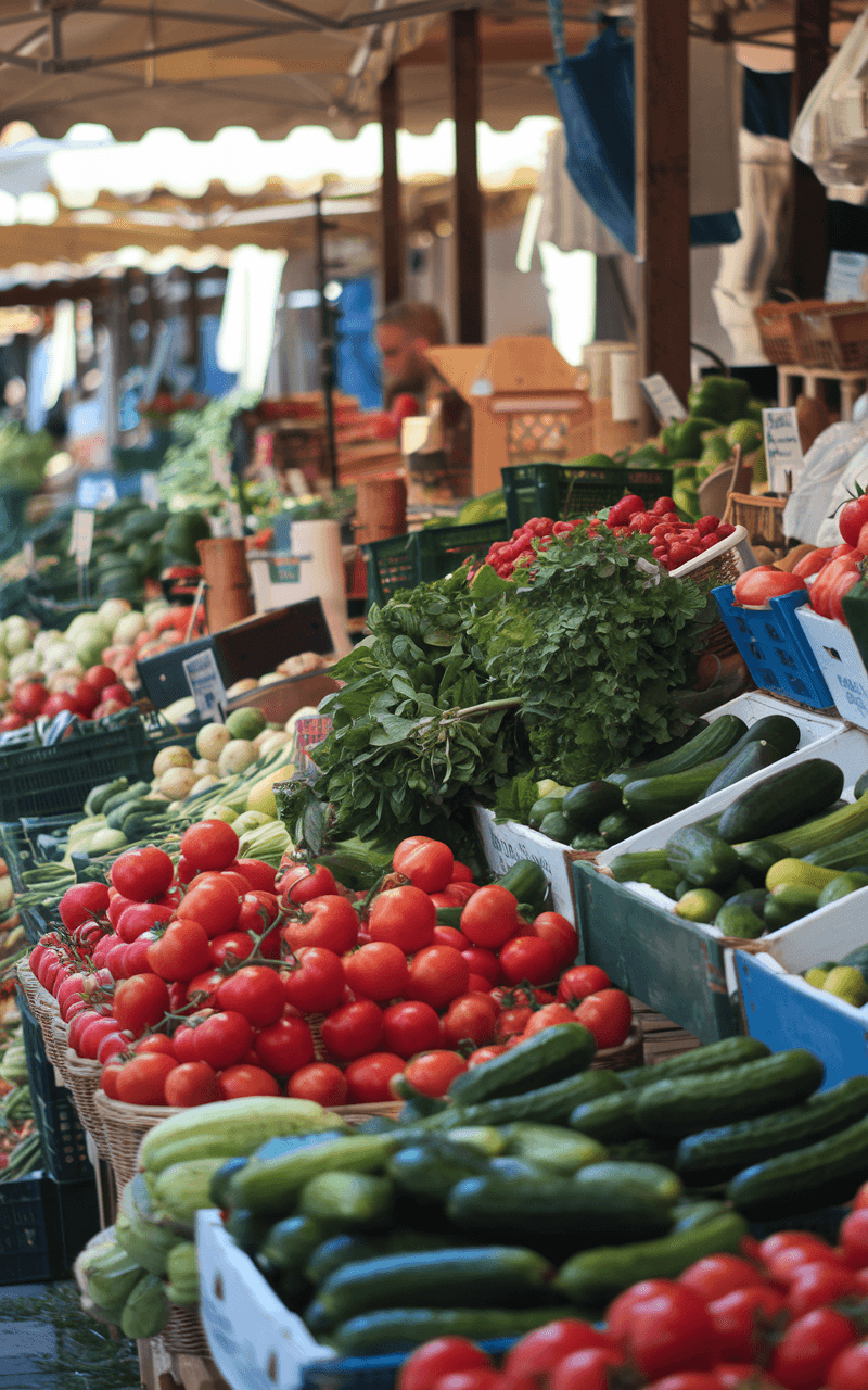 A bustling farmers market stall filled with colorful, fresh mediterranean produce like bright red tomatoes, crisp cucumbers, and aromatic herbs.