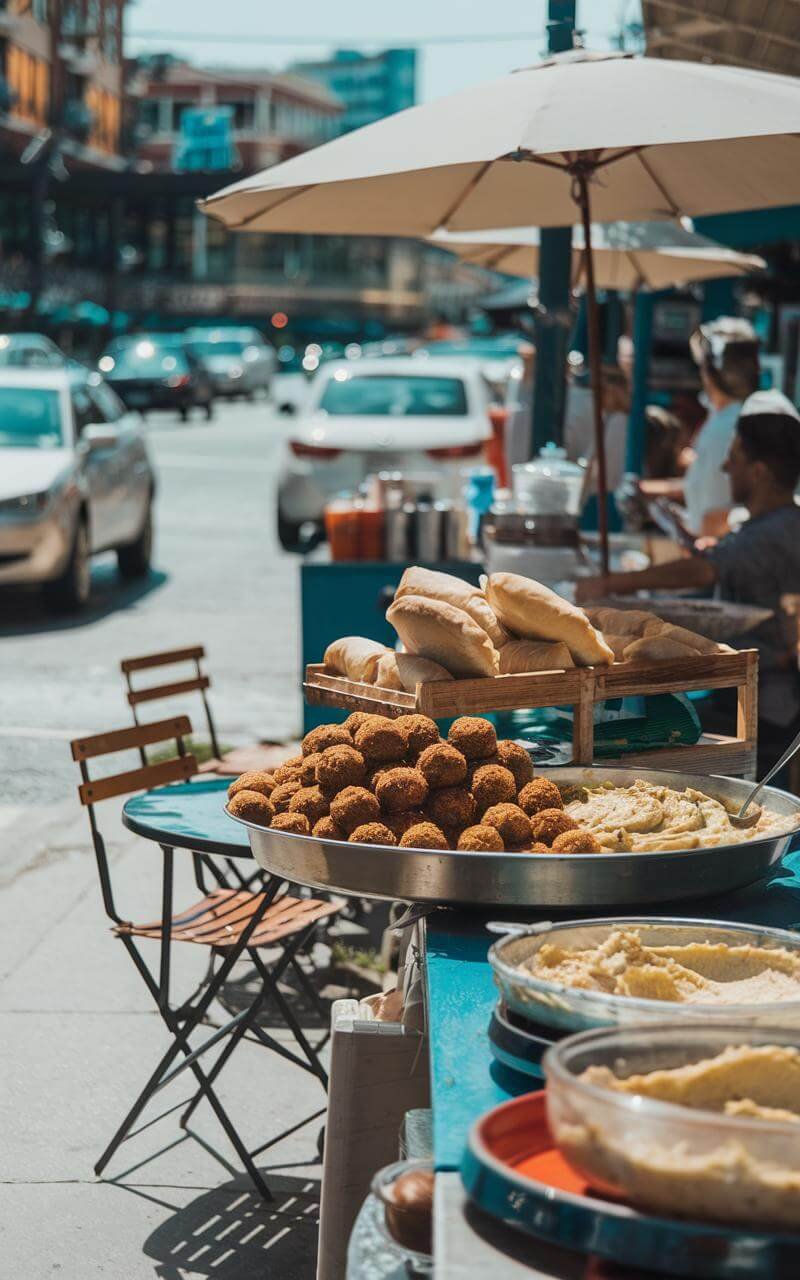 Baked Falafel: Crispy, Healthy Middle Eastern Delight 5 Street food stand serving mediterranean dishes like falafel and hummus.