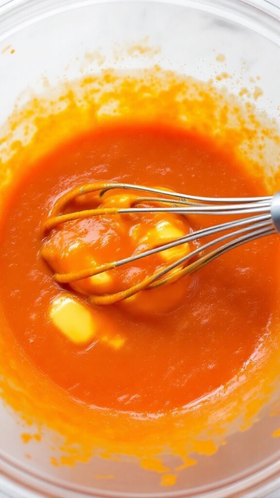 Crispy Cauliflower Buffalo Bites (Vegetarian, Easy Crowd-Pleaser) 7 Melted butter being whisked into bright red buffalo sauce in a clear glass bowl, resulting in a slightly creamy and glossy texture