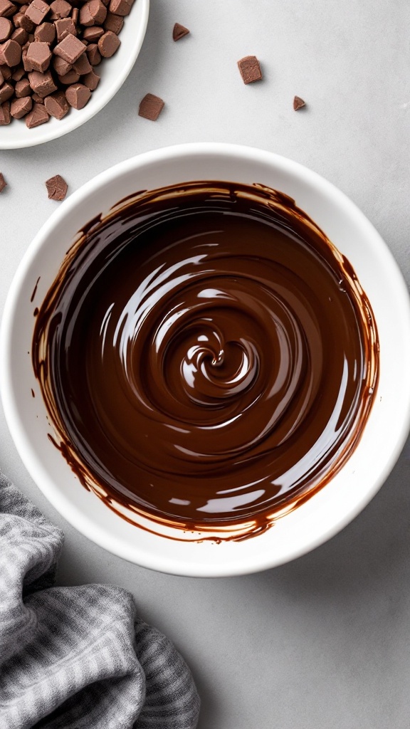 Protein Peanut Butter Cups 5 Overhead view of melted dark chocolate and coconut oil in a white ceramic bowl, displaying glossy texture and swirl patterns from stirring