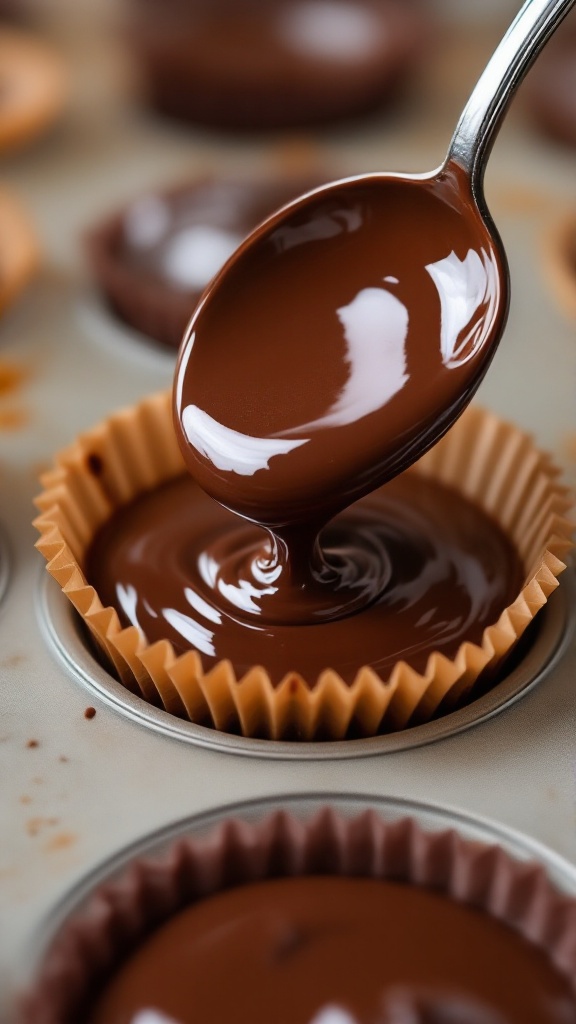 Protein Peanut Butter Cups 6 Spoon pouring melted chocolate into paper-lined muffin cups, creating ripples