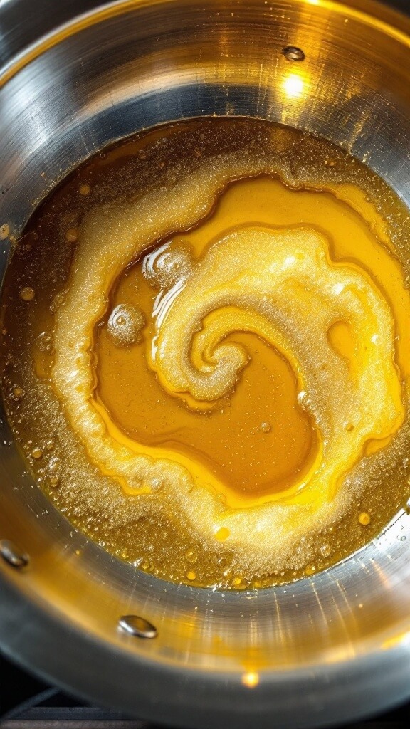 Overhead view of a stainless steel skillet with melting butter and olive oil forming golden bubbles under warm lighting.