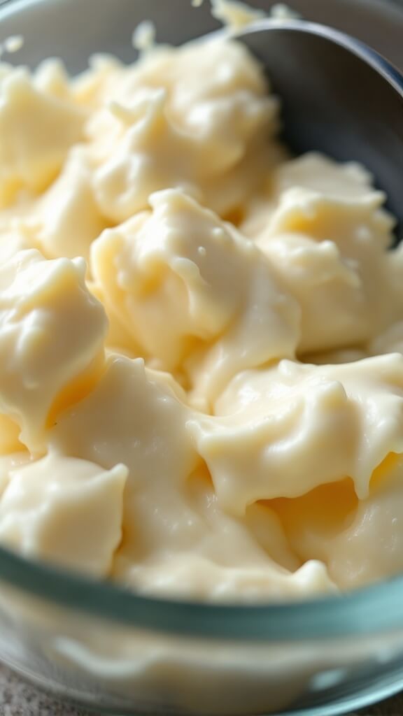 Fathead Pizza: The Ultimate Keto-Friendly Pizza Recipe 3 Close-up of melting mozzarella and cream cheese in a microwave-safe bowl, illustrating different melting stages and the cheese's smooth, stretchy texture