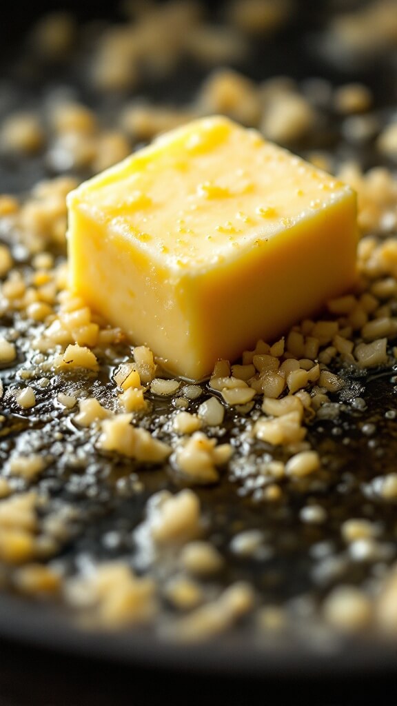 Close-up image of butter melting with minced garlic turning golden in a skillet