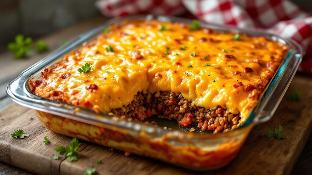 Keto Taco Casserole 2 "mexican-style casserole with layers of seasoned beef, tomatoes, chilies, creamy egg mixture, and melted cheddar cheese, served in a glass baking dish on a rustic wooden table"