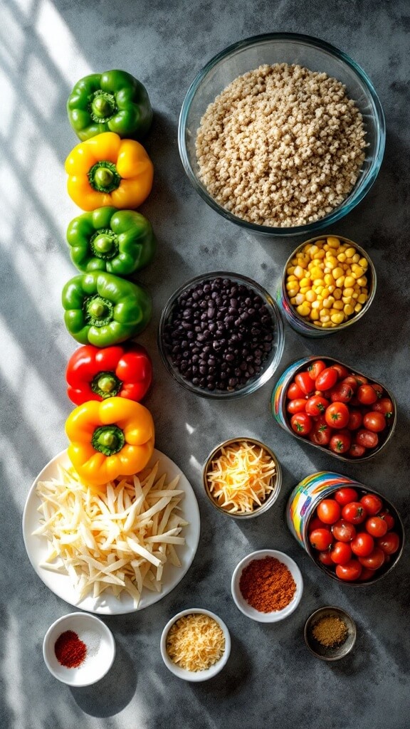 Quinoa Stuffed Peppers (Vegetarian &Amp; Gluten-Free) 3 Overhead view of organized kitchen counter with measured ingredients including bell peppers, quinoa, black beans, corn, diced tomatoes, grated cheese, and bowls of spices under natural light