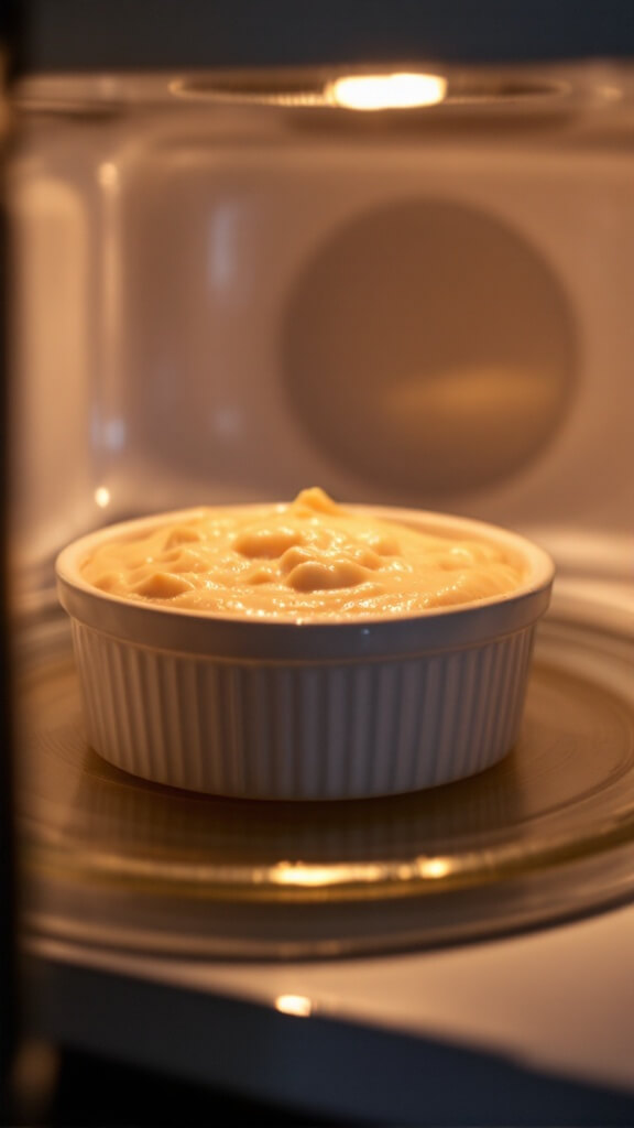 Quick &Amp; Easy 90-Second Keto Bread Recipe 5 Interior view of a microwave cooking a rising batter in a centered ramekin, lit softly through the microwave door.