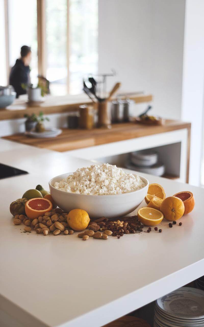 Minimalist kitchen island with a bowl of cottage cheese, nuts, spices, and citrus fruits.