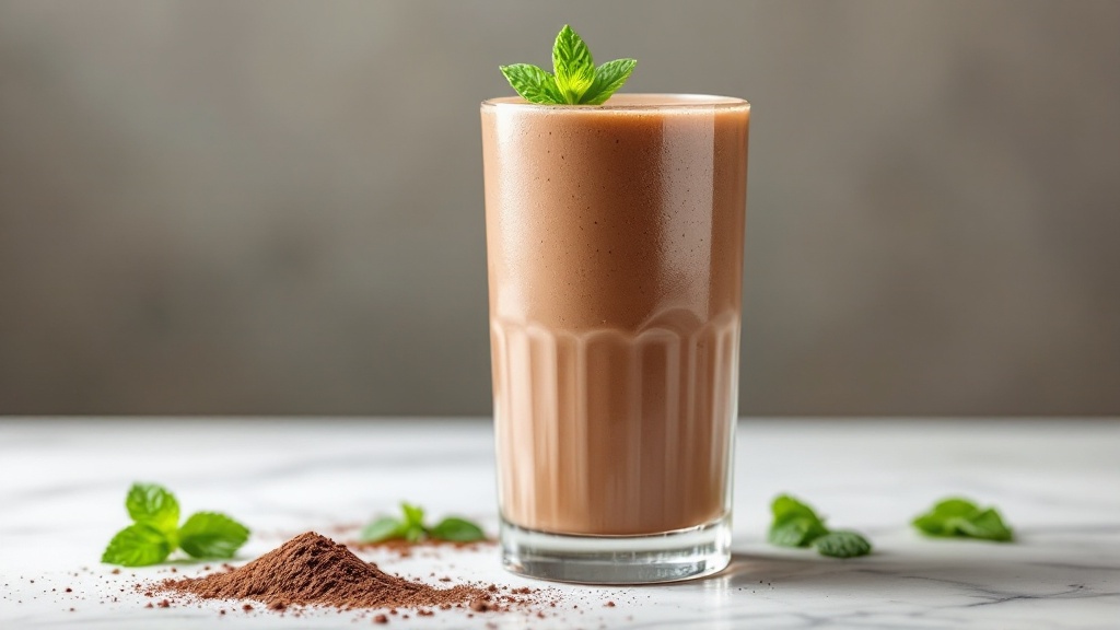 Peppermint Chocolate Protein Shake 2 "frosted glass filled with creamy chocolate-mint protein shake, garnished with a fresh mint sprig, on a light marble counter with a dusting of protein powder and scattered mint leaves"