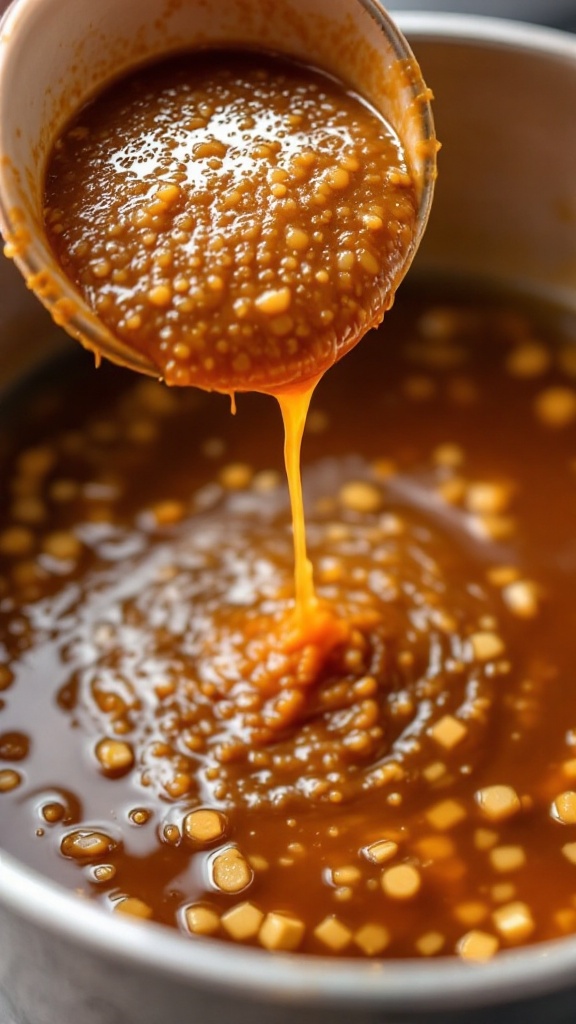 Close-up image of miso paste being mixed until smooth in warm broth before adding to pot