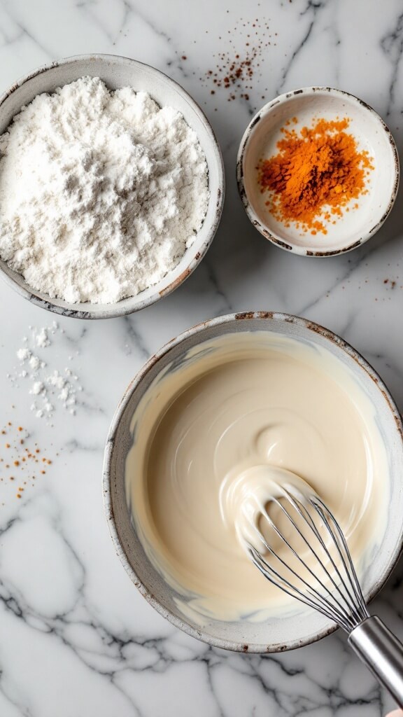 Crispy Cauliflower Wings (Vegan &Amp; Air Fryer/Oven Options) 4 Overhead view of three mixing bowls on marble countertop with white flour and spices, plant milk, and whisked batter