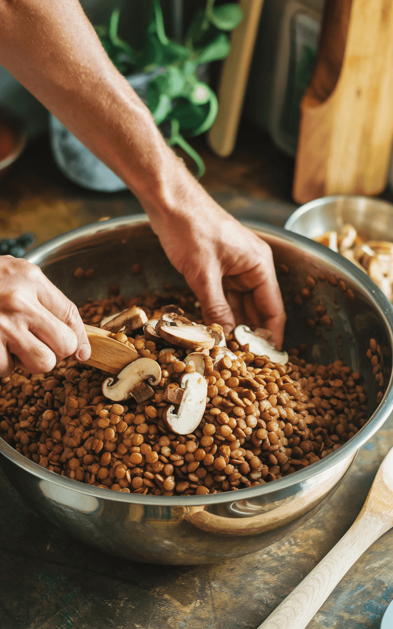 Lentil And Mushroom Loaf: A Hearty Vegan Delight 5 Close-up of hands mixing a textured lentil and mushroom mixture in a large bowl, highlighting visible ingredients like chopped mushrooms and lentils.