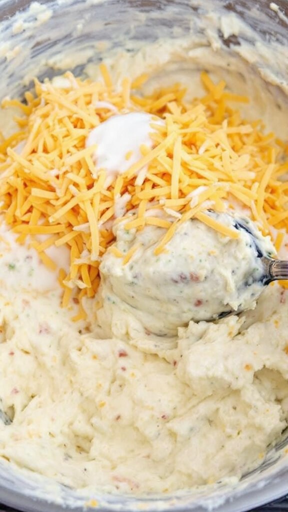 Shredded cheddar and ranch dressing blending into a creamy cream cheese mixture in an action shot