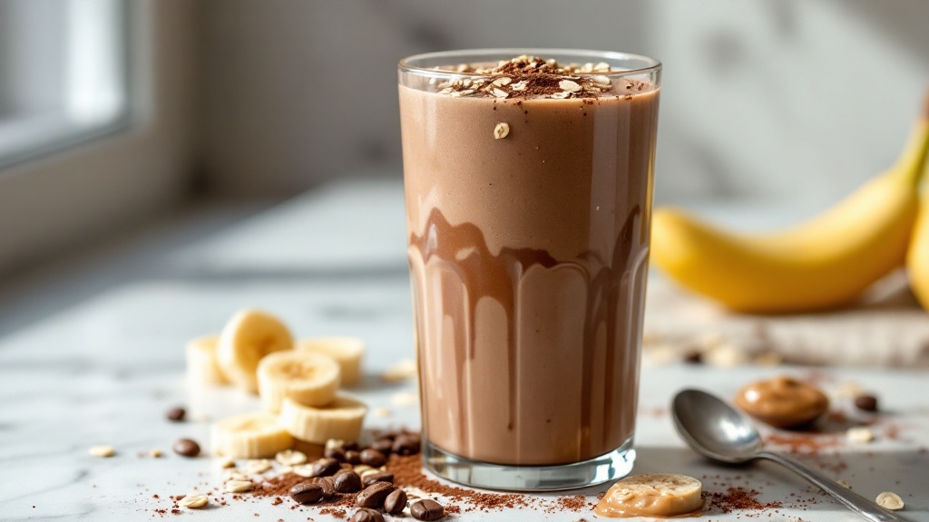 Protein Coffee Smoothie 2 "chocolate-coffee smoothie with oats garnish and cashew butter displayed on marble counter with scattered frozen banana slices and coffee beans in natural window light. "