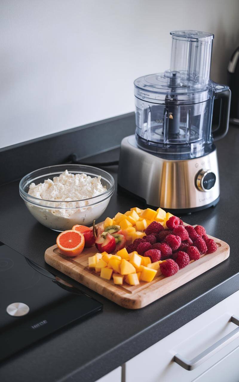 Modern kitchen countertop with a food processor, cutting board and variety of fresh fruits prepared for a cottage cheese recipe