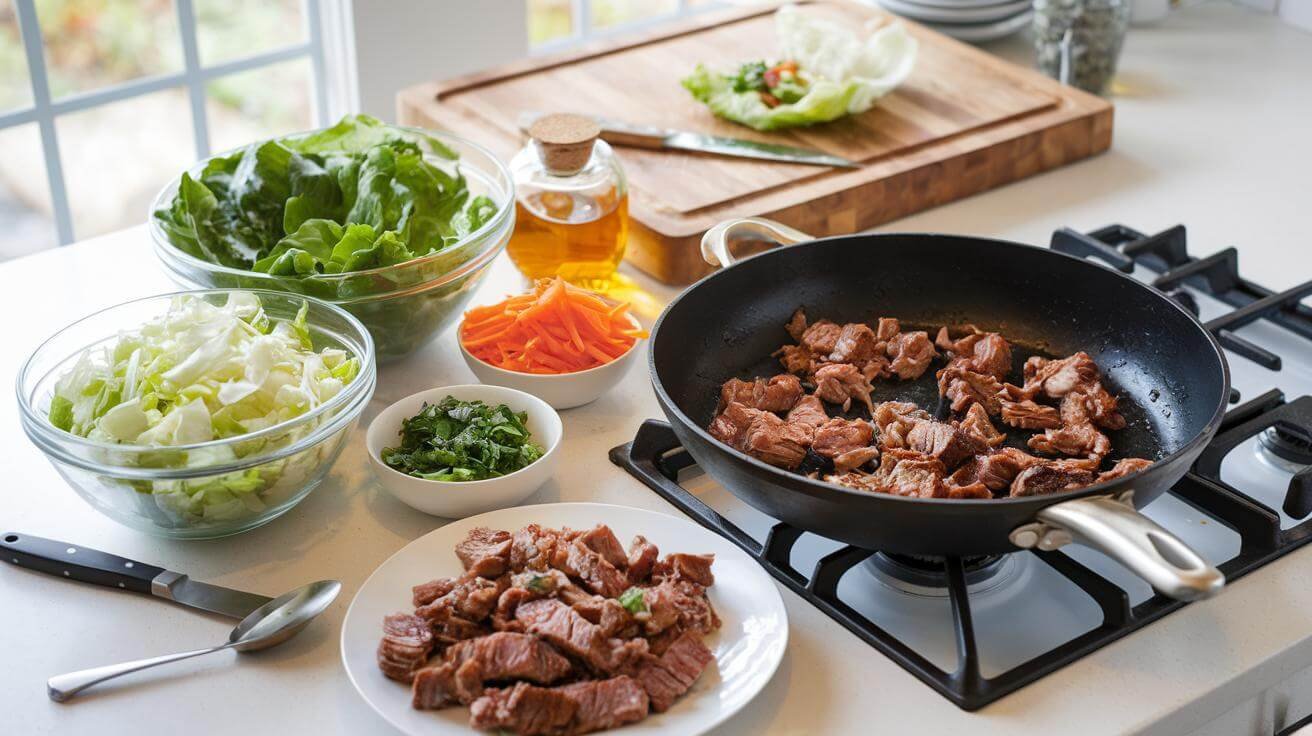 "bright modern kitchen with large non-skin skillet on stove and fresh ingredients for lettuce wraps scattered around"