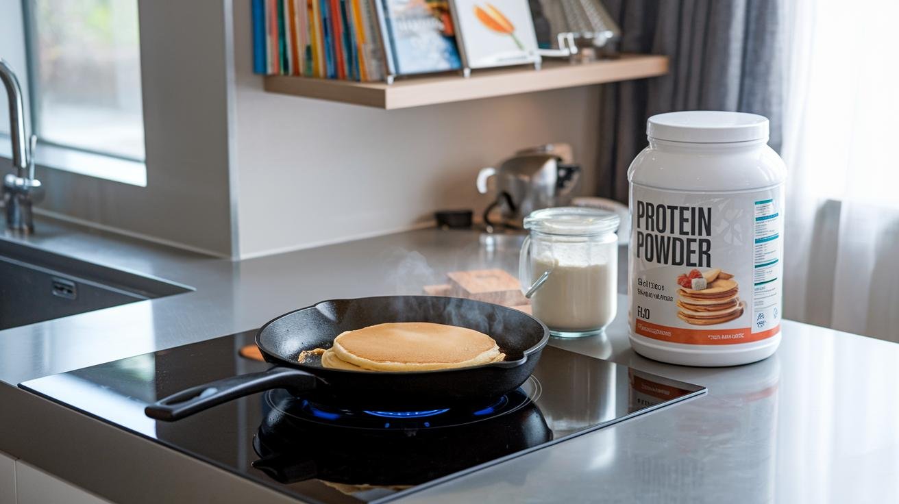 "modern kitchen countertop with sizzling skillet, pancake batter, and protein powder container"