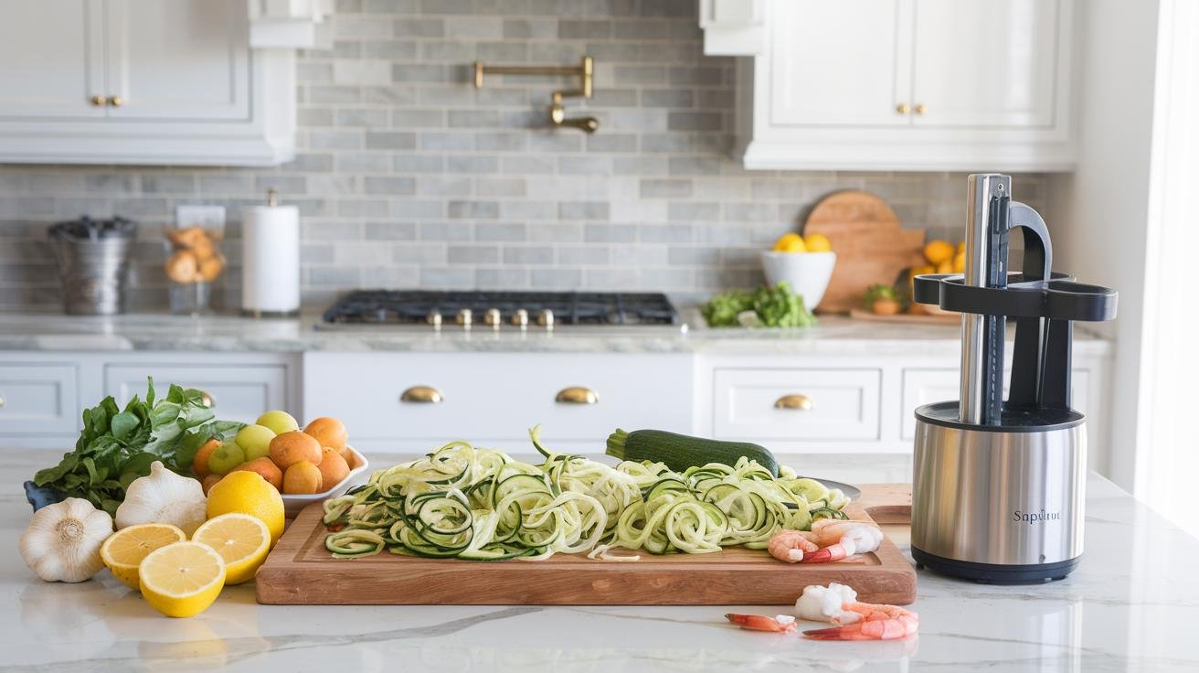 "modern kitchen with a wooden cutting board filled with spiralized zucchini, with fresh lemons, garlic, and shrimp on the countertop"