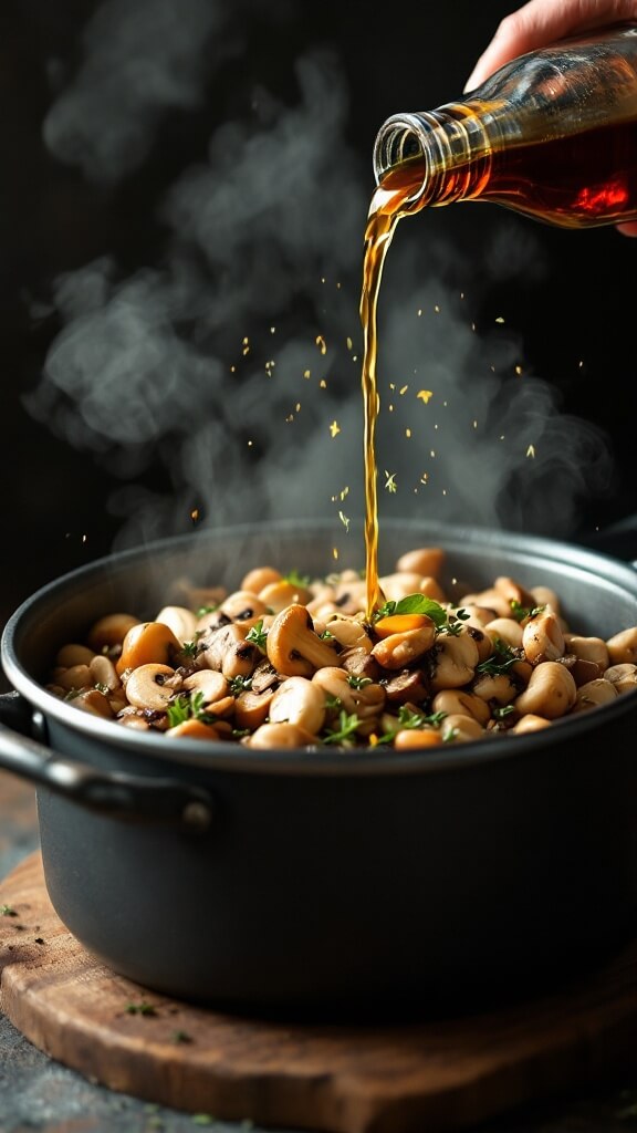 Pouring vegetable broth and soy sauce into a pot of mushrooms with bay leaves and dried thyme, steam rising from the mixture