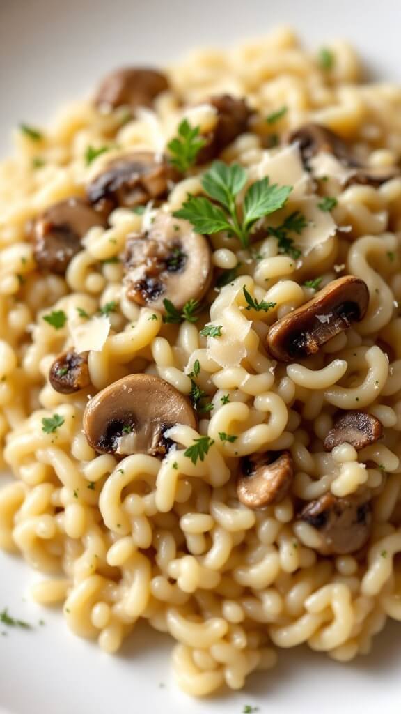 Cross-section of mushroom risotto with wave-like consistency, garnished with thyme and parmesan shavings
