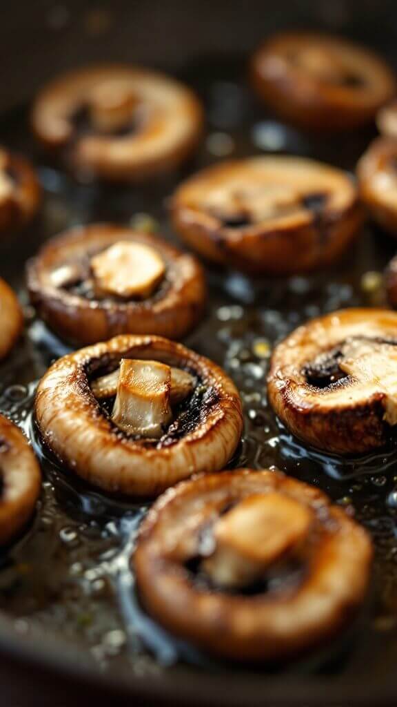 Mushrooms browning and caramelizing in a buttery cast iron skillet under warm lighting