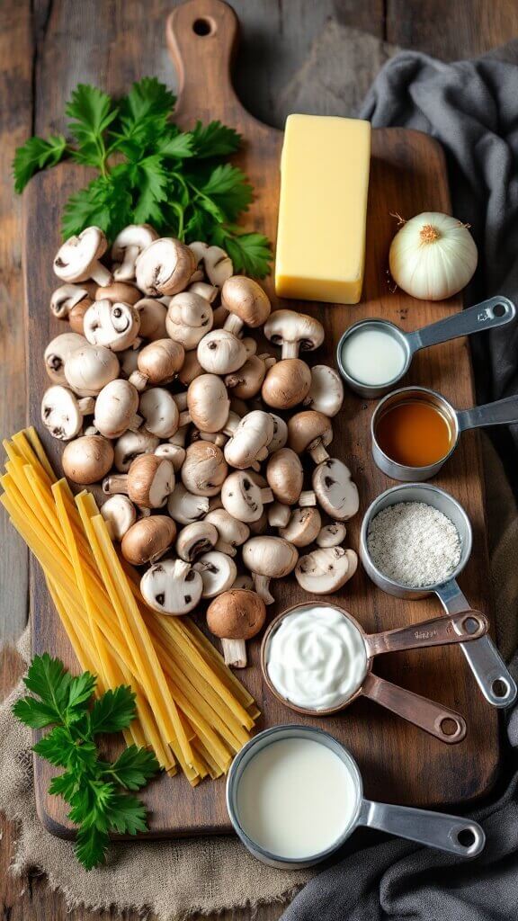 Raw ingredients for mushroom stroganoff on a wooden cutting board