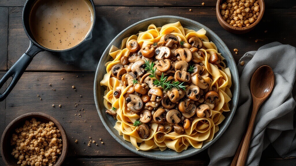 "top-down view of creamy mushroom stroganoff with egg noodles garnished with fresh thyme on a rustic table, next to a cast iron skillet with sauce and wooden spoons, under warm lighting. "