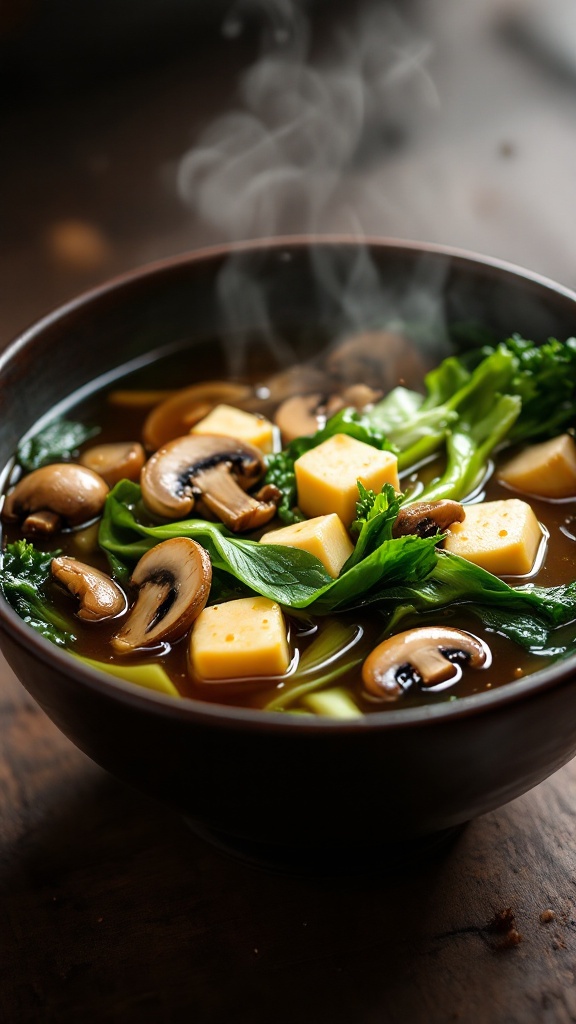 Steaming bowl of soup with dark broth, mushrooms, bok choy, tofu and rising oil droplets