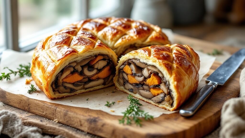 Mushroom Wellington Recipe: A Showstopping Vegetarian Main 2 "freshly baked golden-brown mushroom wellington with caramelized onions, on a rustic board, garnished with thyme sprigs, lit by natural window light"