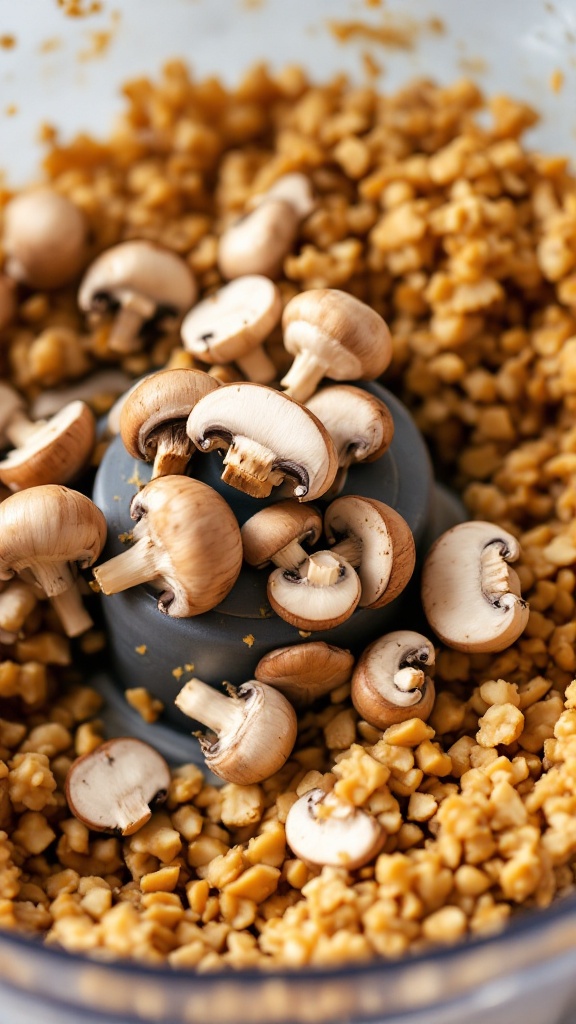 Walnut Mushroom Taco &Quot;Meat&Quot; (Vegan, 20-Minute Recipe) 4 Fresh cremini mushrooms being added to chopped walnuts in a food processor bowl