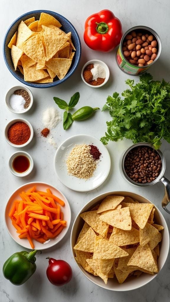 Healthy Nachos: A Guilt-Free Game Day Delight 3 A kitchen counter displaying whole grain chips, canned beans, spices, and fresh vegetables, neatly arranged for making nachos.
