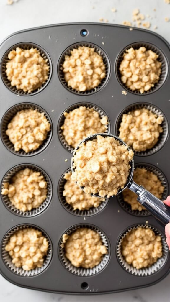 Top view of oatmeal mixture being evenly portioned into a greased 12-cup muffin tin with an ice cream scoop