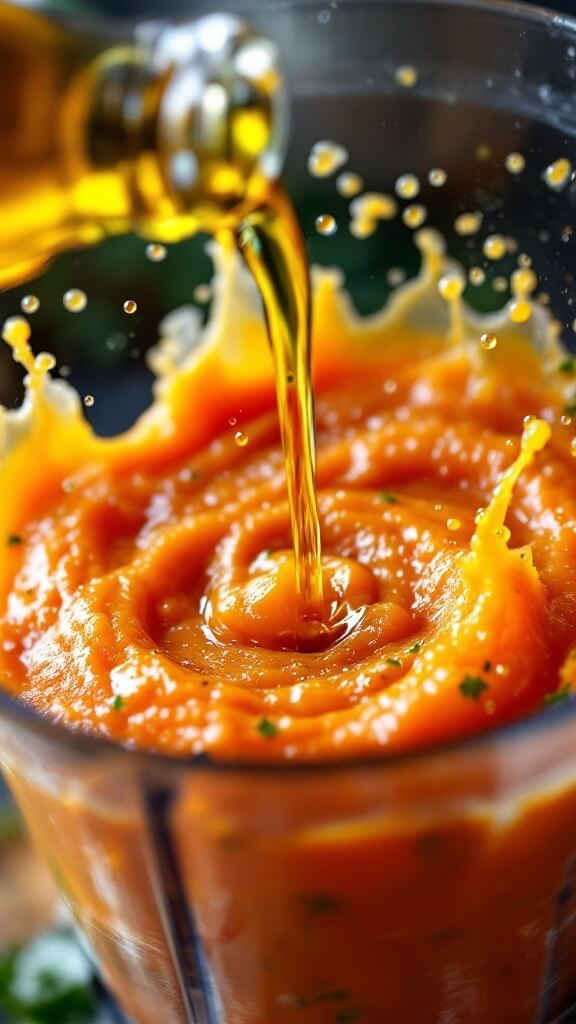 Watermelon Gazpacho - A Refreshing No-Cook Summer Soup 5 Olive oil being drizzled into blending gazpacho, showcasing the emulsification process with splashes captured mid-motion