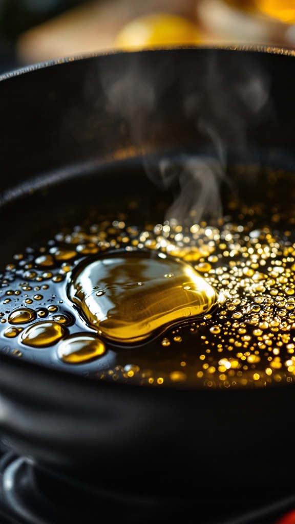 Walnut Mushroom Taco &Quot;Meat&Quot; (Vegan, 20-Minute Recipe) 5 Shimmering olive oil in a large black cast iron skillet over medium heat, illuminated by warm lighting