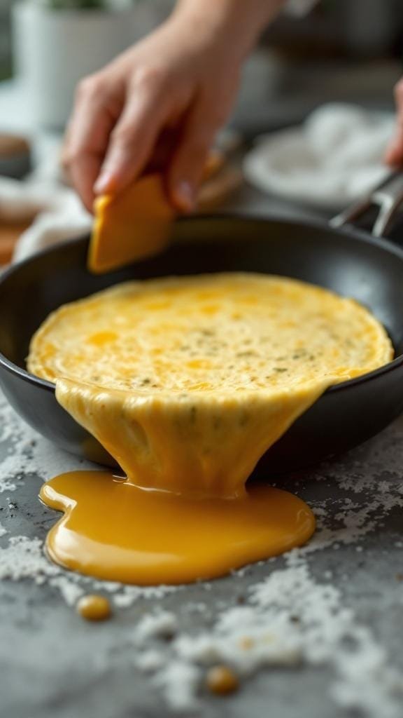 Hands gently pushing the edges of a partially cooked omelette with a silicone spatula, allowing uncooked egg to flow towards the edges of the pan.