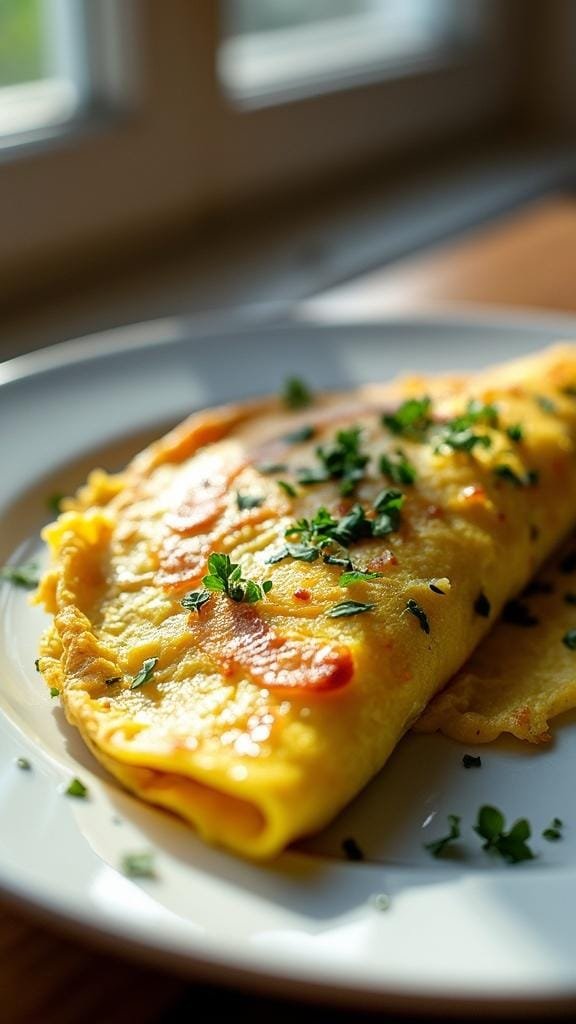 Omelette garnished with fresh herbs, photographed in natural light on a plate.