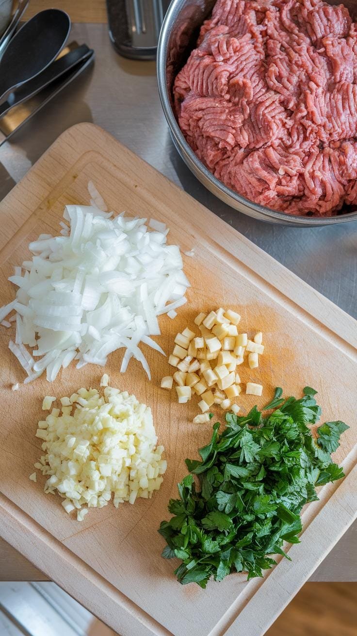Overhead view of a cutting board with grated onion, minced garlic, chopped parsley, and a bowl of ground turkey.