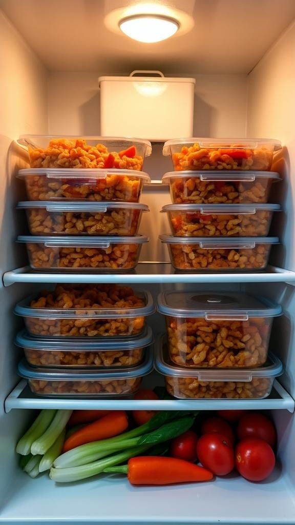 Organized fridge with neatly stored leftovers and ingredients for a stir-fry in clear containers.