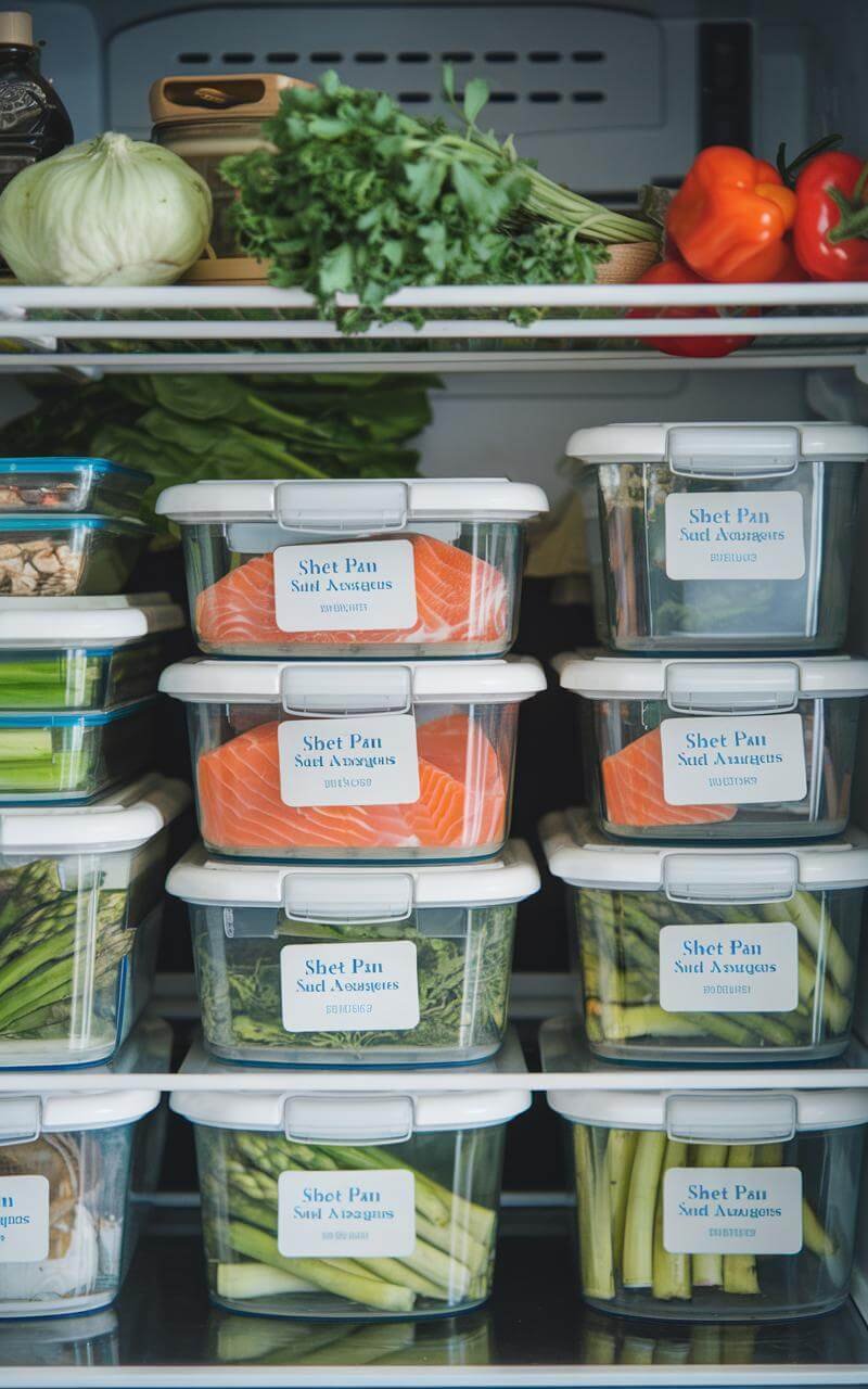 A refrigerator interior with neatly stored leftovers in labeled glass containers, including sheet pan salmon and asparagus, alongside fresh ingredients for future meals.