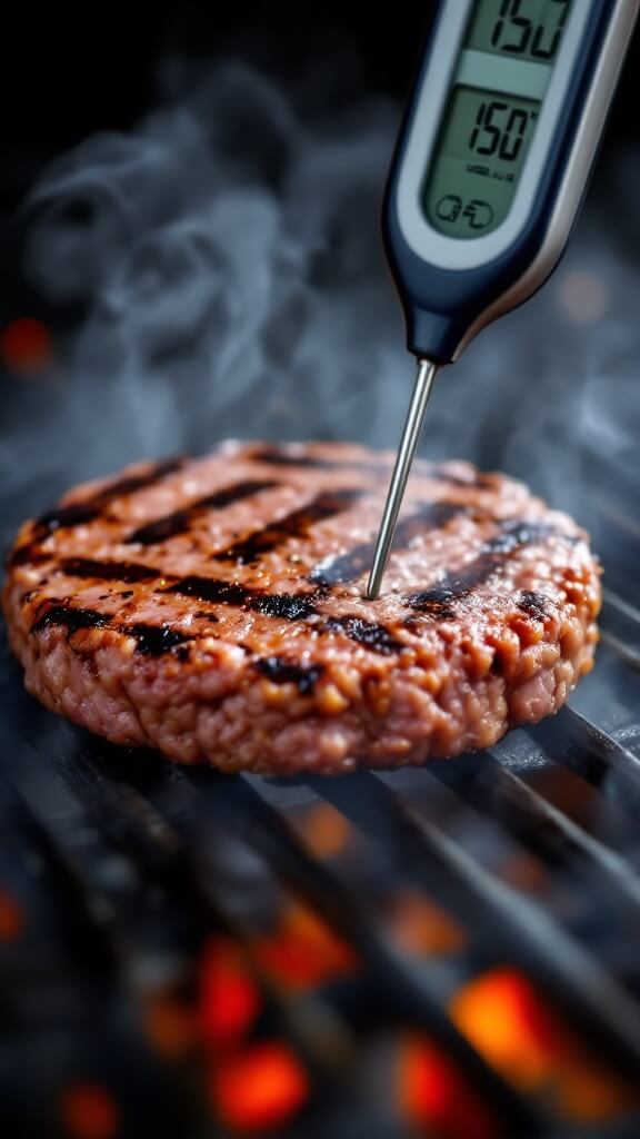 Ostrich burger patty grilling with sear marks, digital thermometer inserted showing 150°f, steam rising before flipping