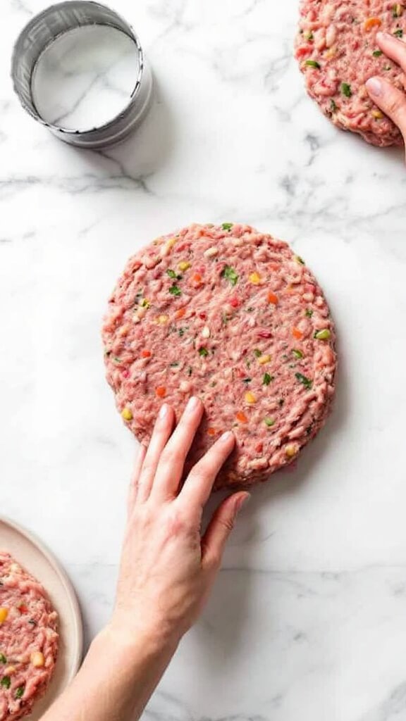 Hands shaping an ostrich meat patty with visible vegetable mix-ins on a marble countertop, with a metal ring mold and additional patties in the background, showcasing proper 3/4 inch thickness.